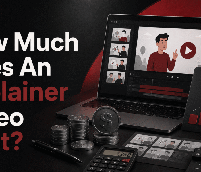Feature image showing an explainer video cost breakdown with a laptop, pricing chart, calculator, production icons, and bold headline text.