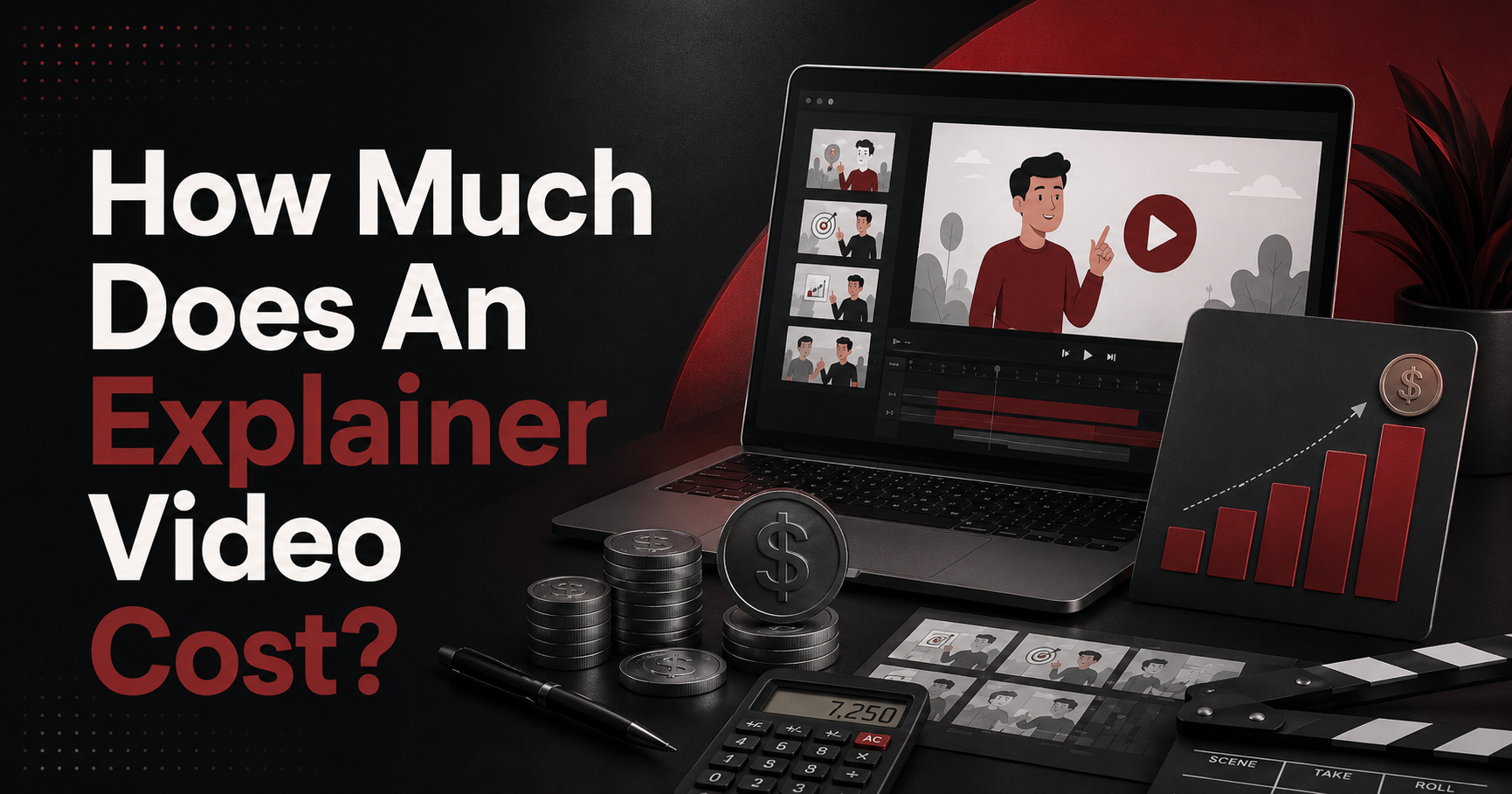 Feature image showing an explainer video cost breakdown with a laptop, pricing chart, calculator, production icons, and bold headline text.